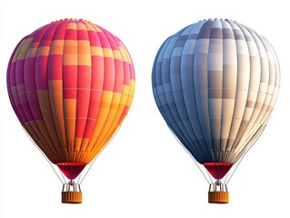 Obraz premium Two hot air balloons, one red-orange and one gray-blue, isolated on white.