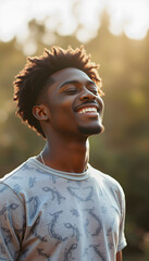 Fototapeta premium Portrait of a joyful African American man with a big smile on a soft golden background, conveying happiness, positivity and good health concepts