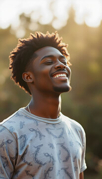 Portrait of a joyful African American man with a big smile on a soft golden background, conveying happiness, positivity and good health concepts
