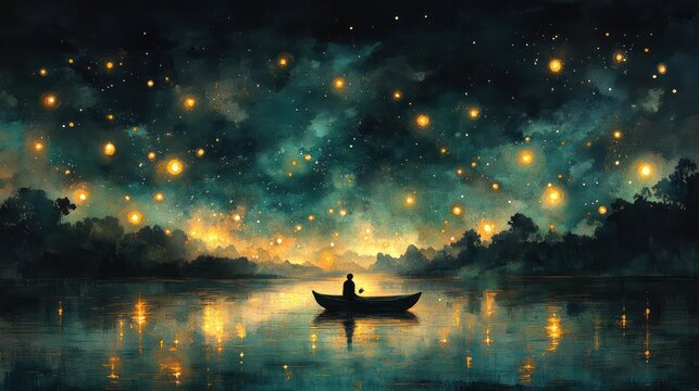 serene night scene of a man in a small boat surrounded by glowing orbs on tranquil water with starry sky and calming hues