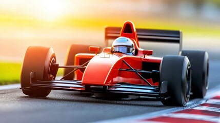 Naklejka premium Dynamic Red Race Car on a Circuit with Bright Sunlight Background
