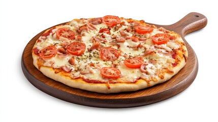 Freshly Baked Pizza with Tomatoes and Cheese on Wooden Board