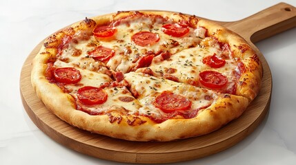 Delicious Freshly Baked Pizza with Tomato and Cheese on Wooden Board