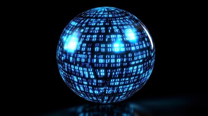 Fototapeta premium Blue Digital Sphere with Binary Code on Black Background