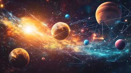 Obraz premium Vibrant Cosmic Landscape Showcasing Celestial Bodies and Colorful Galactic Elements in Deep Space. Generative AI