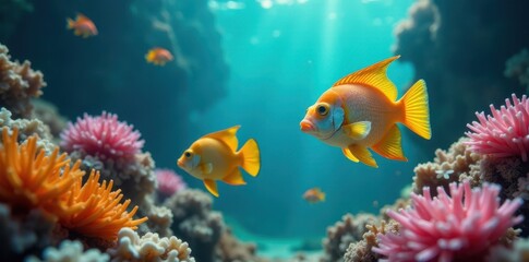 Fototapeta premium Tropical fish school swimming through seaweed, seaweed, marine life
