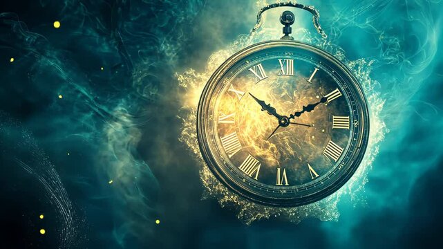 Antique pocket watch engulfed in mystical, smoky flames and teal nebula.