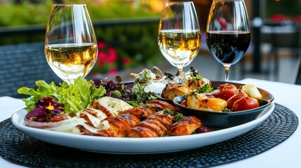 Elegant Table Setting with Gourmet Food and Wine Selection