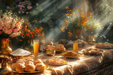 nowruz celebration, the rising suns golden glow warms the nowruz table, honey pastries sweet aroma, and heartfelt embraces between family and friends