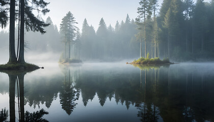 A tranquil forest lake reflecting tall trees under a soft morning mist