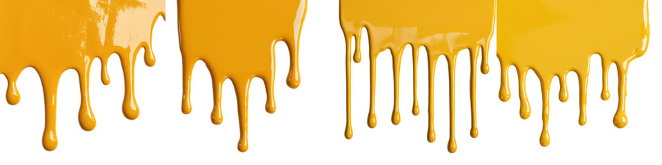 Dripping viscous yellow syrup or honey like liquid flowing and splattering against a bright minimalist yellow and orange abstract background  The image has a modern contemporary