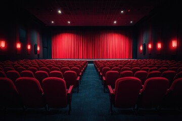 Fototapeta premium Empty red cinema seats face a stage with red curtains. Perfect for film, theater, or entertainment concepts.