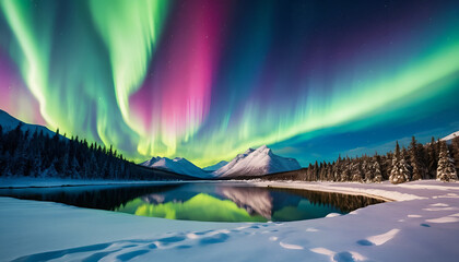 A serene snowy landscape with a vibrant aurora borealis in the sky