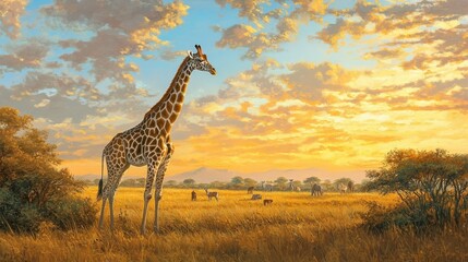 Obraz premium Graceful giraffe peacefully roams African savanna, embodying elegance and harmony alongside a variety of wildlife in its natural habitat, showcasing beauty of coexistence in vast expanse of plains 