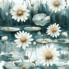 Watercolor Daisies and Lily Pads Abstract Floral Illustration in Pastel Colors with Natural Light