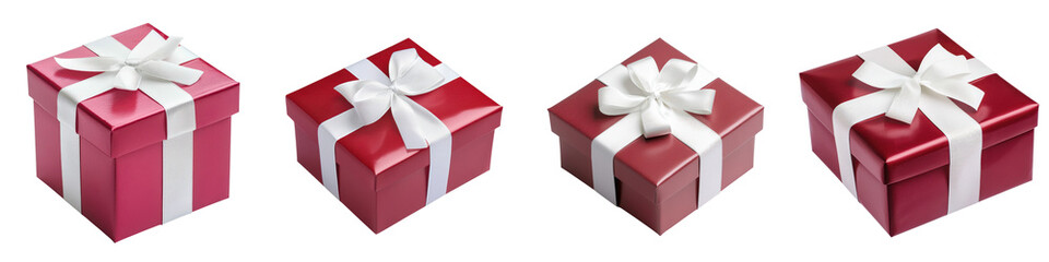 Elegant red gift box with white satin ribbon and bow  Wrapped present for special occasions like Christmas birthday anniversary or other holiday