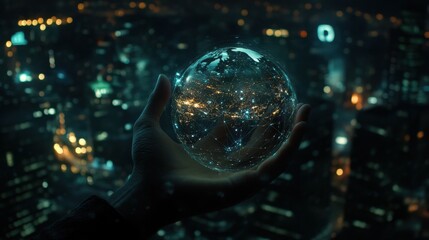 image of Earth held in human hands against backdrop of a bustling city at night, symbolizing interconnectedness of business, politics, ecology, and media 