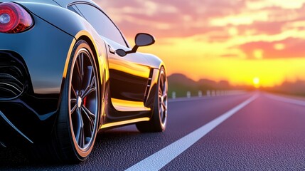 Black Sports Car Driving on Open Road at Sunset with Dramatic Sky