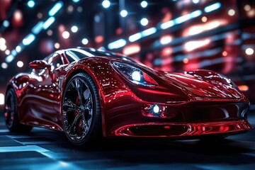 sleek electric sports car dramatic lighting metallic red futuristic design