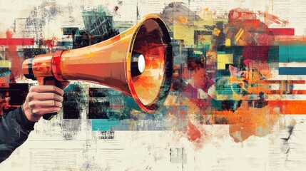 In a contemporary art collage, a human hand is depicted holding megaphones, symbolizing spread of fake news through abstract technology background, creating a thought-provoking commentary on impact