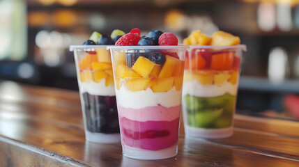Colorful Layered Smoothies in Transparent Cups Showcasing Fresh Fruits and Creamy Textures. Generative AI