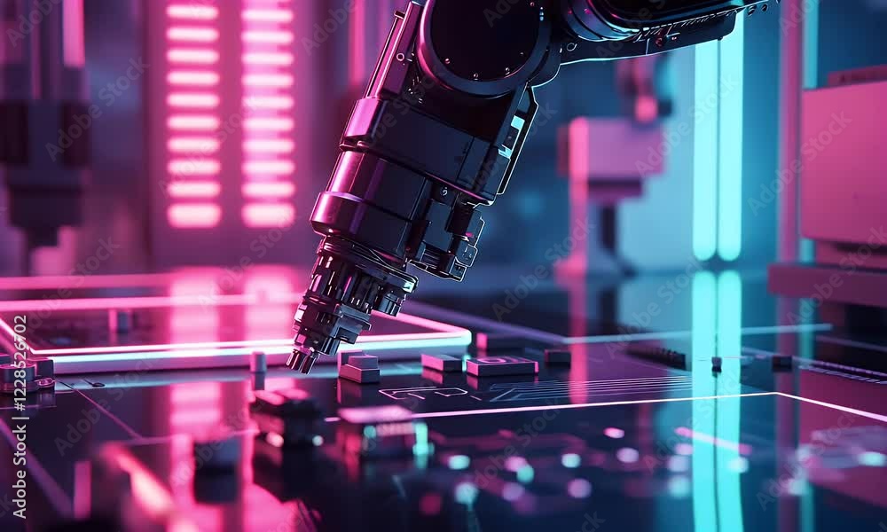 Aufkleber robotic arm assembling circuit board in neon-lit factory