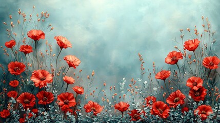 Obraz premium Red poppies field, dreamy sky, nature background, calming design