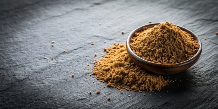 Freshly ground cumin spice on a dark grey stone surface, with tiny cracks and texture , cooking, cumin