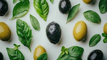 Fresh black & green olives, leaves on white for food background