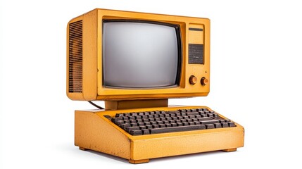 Vintage Yellow Computer with Monitor and Keyboard Retro Design