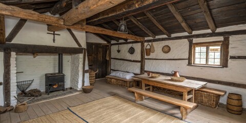 Cozy interior of a rustic cabin with wooden beams and a woven rug in a warm atmosphere