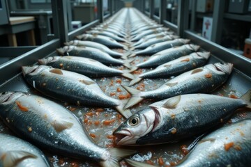 Obraz premium Rows of Fish on a Conveyor Belt in a Factory