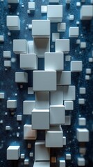White cubes floating in space against a blurred blue background. Can be used for tech