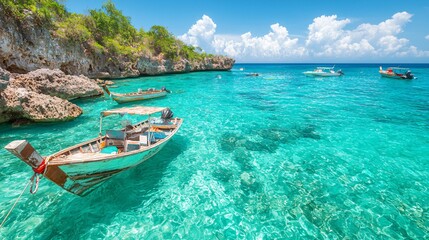 Obraz premium Tropical island boat tour, turquoise water, sunny day
