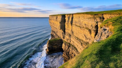 Dramatic Coastal Cliffs under Golden Sunset Glow by Ocean Waves