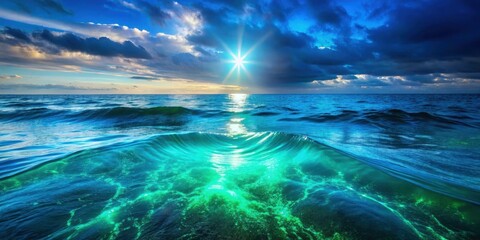 A large body of water with a bright blue and green glowing light coming from below the surface, wave, sea,  wave