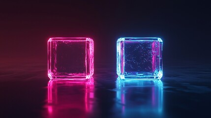 Two Translucent Cubes Reflecting Vibrant Neon Lights on Dark Surface Rendered in 3D.