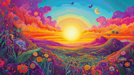 Vibrant sunrise illuminates prairie with a burst of life, as colorful rays create a dazzling kaleidoscope of colors and lively creatures dance joyfully to rhythm of dawn