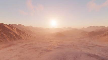 Naklejka premium Spokojny krajobraz pustyni o zachodzie słońca z odległymi górami i delikatnymi pastelowymi odcieniami nieba