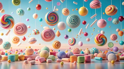 A whimsical arrangement of suspended sweets and colorful treats, a delightful confectionery spectacle with a vibrant pastel palette, exhibiting a playful collection of sugary delights