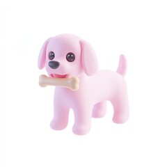A cute pink dog figurine holding a bone, designed with cartoonish features and large expressive eyes.