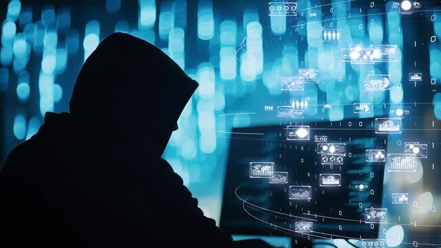 Dark web hacker operating in secrecy, multiple holographic displays with data breaches