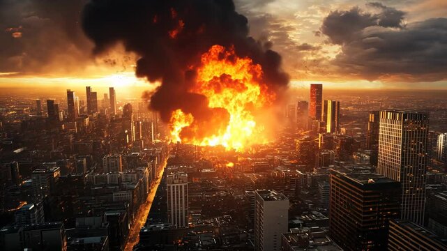 Fiery explosion over a city at sunset.