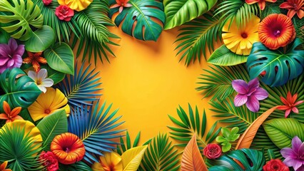 Vibrant tropical leaves and flowers arrange in a seamless circular pattern on a bright colorful background, leafy, floral,  leafy