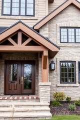 Naklejka premium Modern Brick House Exterior: Stunning Architectural Design and Landscaping. A Luxurious Home with a captivating entrance and meticulous detailing.