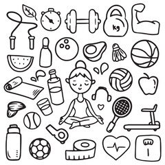 Fitness and sports equipment hand-drawn icon collection