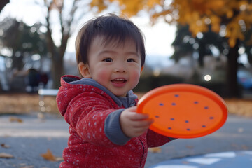 A little boy playing a frisbee disc in a park.