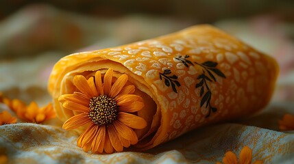 A reusable beeswax food wrap with nature-inspired patterns, placed on a striking gold background, photorealistic, ultra-sharp focus, clear details, studio lighting, natural colors, realistic