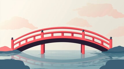 Obraz premium Serene Red Arch Bridge Over Calm Water at Dusk in Minimalist Style