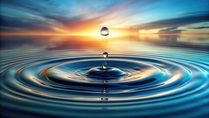 Serene sunset water droplets creating mesmerizing concentric ripples on a calm surface